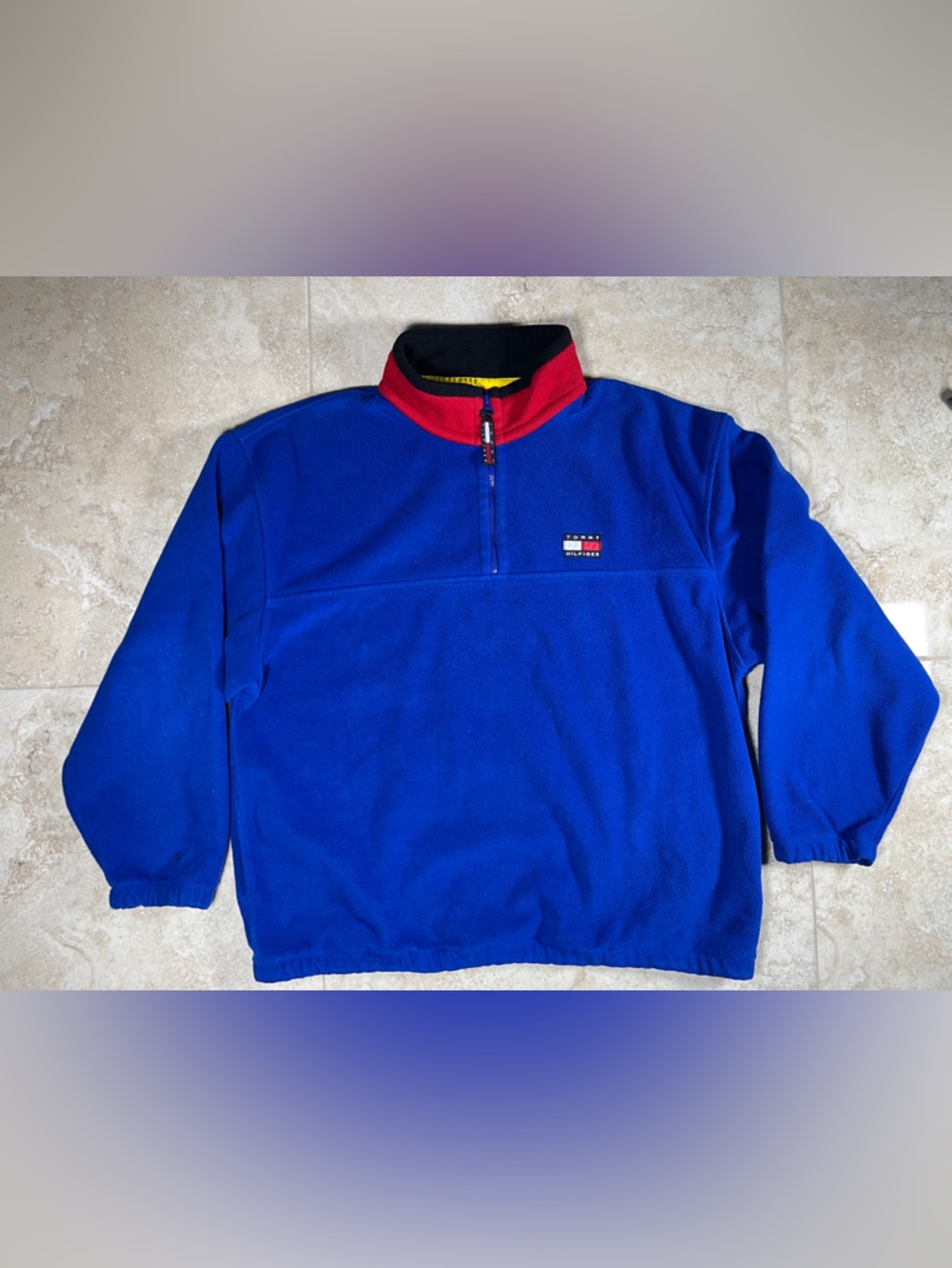 Vintage Tommy Hilfiger Fleece Quarter Zip Pullover Blue Red Yellow Mens XL